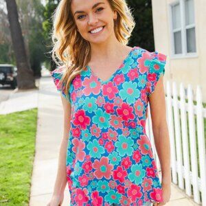 Flower Power Blue V Neck Flutter Sleeve Woven Blouse